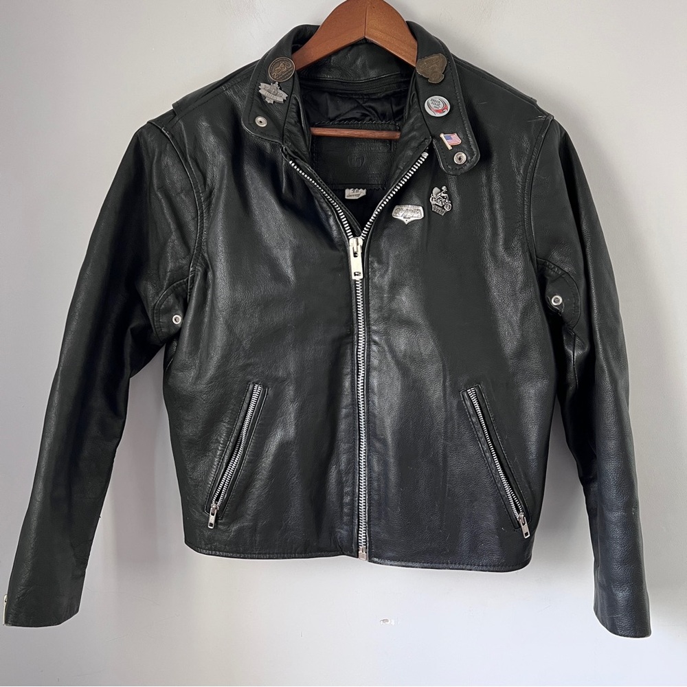 Vintage Leather Motorcycle Jacket Black with Pins Womens Size Medium Shows Wear